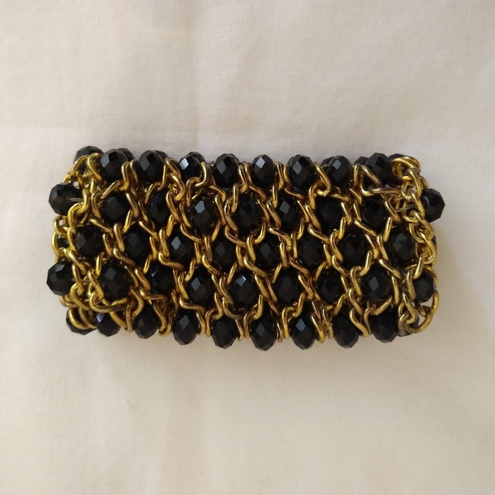 Black Beaded & Goldtone Chain Stretch Bracelet